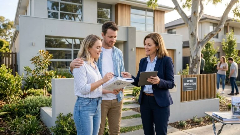 a young couple looking 
at PMI Insurance documents 
at