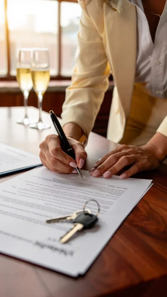 person signing trust funding paperwork with a house key on the desk