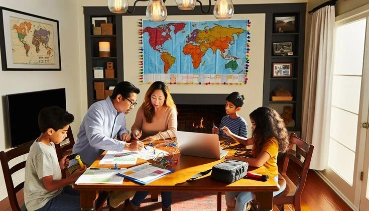 Family preparing a hurricanes and evacuation plan and financial document kit at home before a major storm