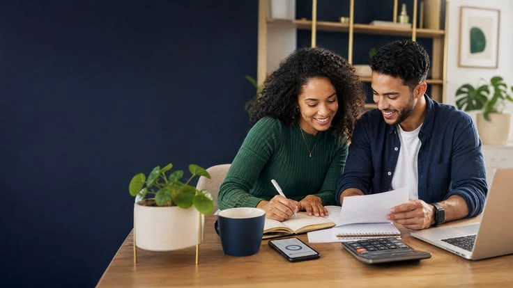 A couple building their fall finance plan together at home