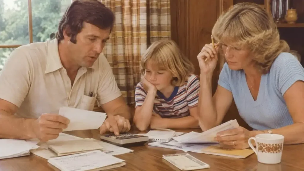 Why Fall Home Buyers Are the Most Underinsured Group surviving parent reviewing bills at a kitchen table.